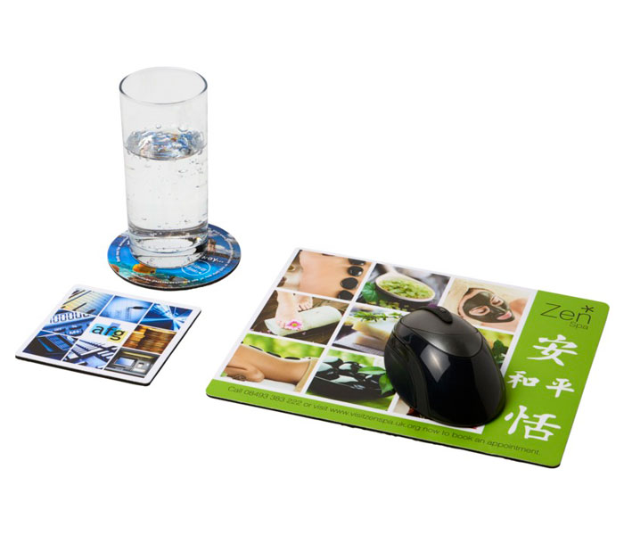 Q-Mat Mouse Mat Set - Rectangular Mouse Mat, Round & Square Coasters with Glass of Water