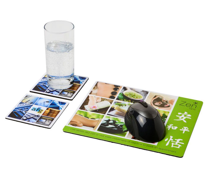 Q-Mat Mouse Mat Set - Rectangular Mouse Mat & Square Coasters with Glass of Water